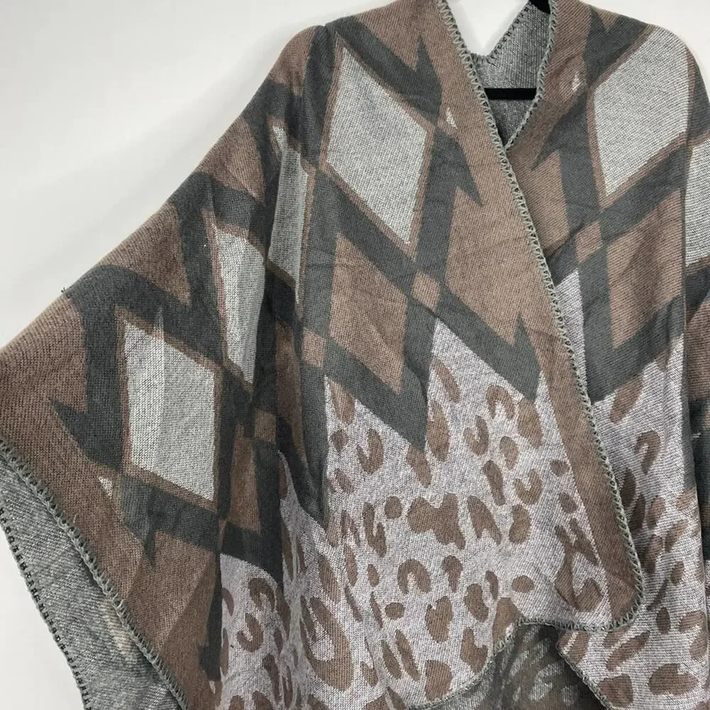 2/$30 NEW Boho Diamond Cheetah Ruana Oversized Open Wrap Poncho Blanket Scarf